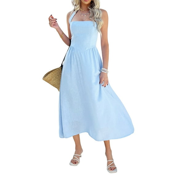 Women Summer Sleeveless Halter Maxi Dress 2025 Casual Flowy Wedding Guest Cocktail Beach Vacation Dresses Blue L