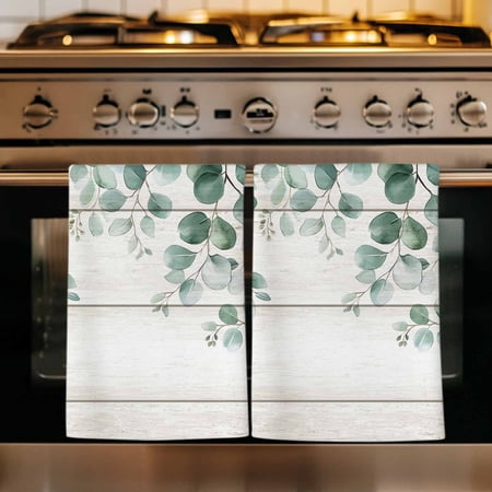 Eucalyptus Leaves Kitchen Towels Set of 3 Spring Summer Botanical Watercolor Absorbent Dish Towels for Kitchen Microfiber Hand Towel Quick Drying Tea Towel for Cleaning Decorative Dishcloths