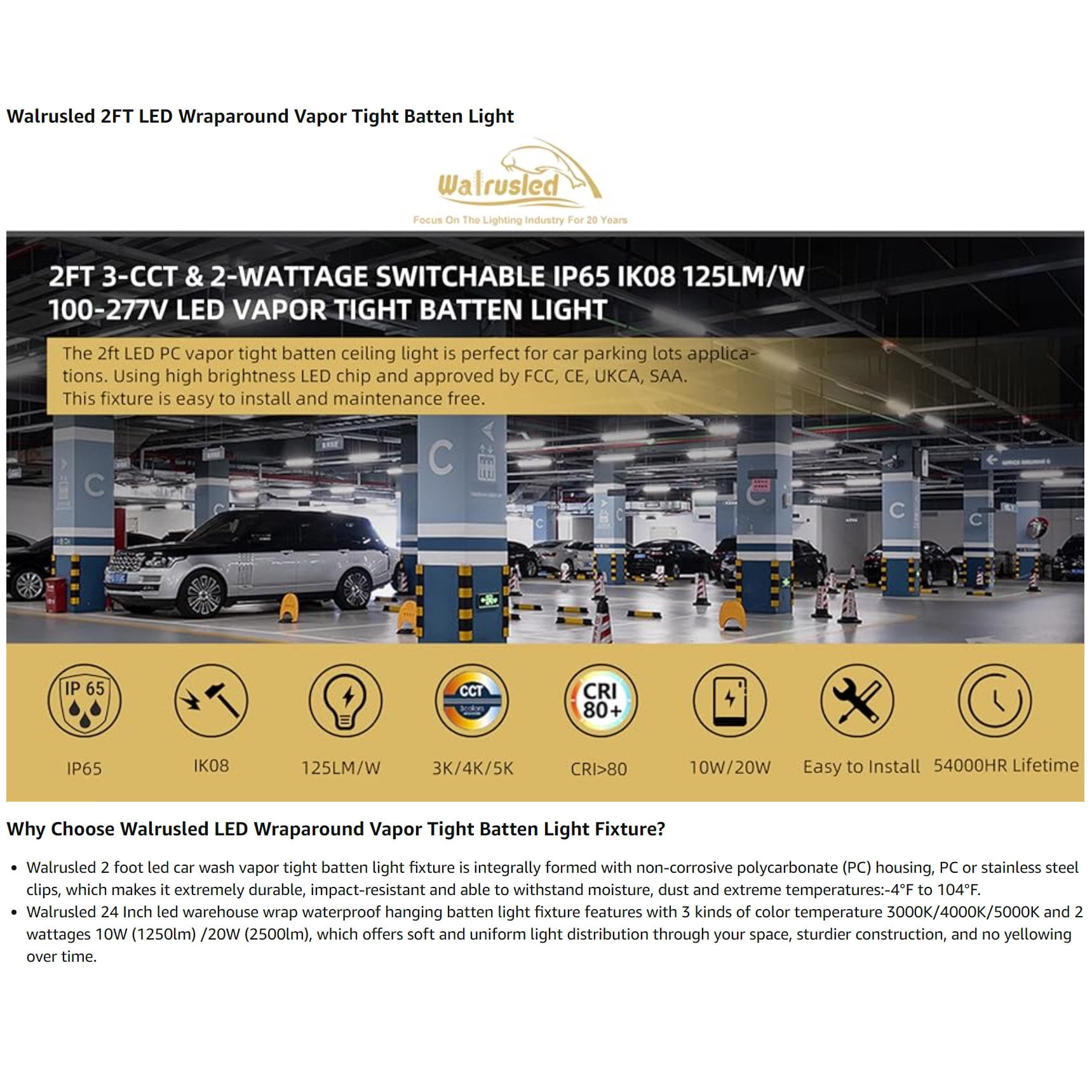 2FT LED Vapor Tight Light, IP65 IK08, 10W(1250lm)/20W(2500lm), 3/4/5000K CCT Selectable, 100-277V, Outdoor Waterproof Shop Light, Vapor Proof Lighting Fixture for Carport Parking Garage, FCC Listed