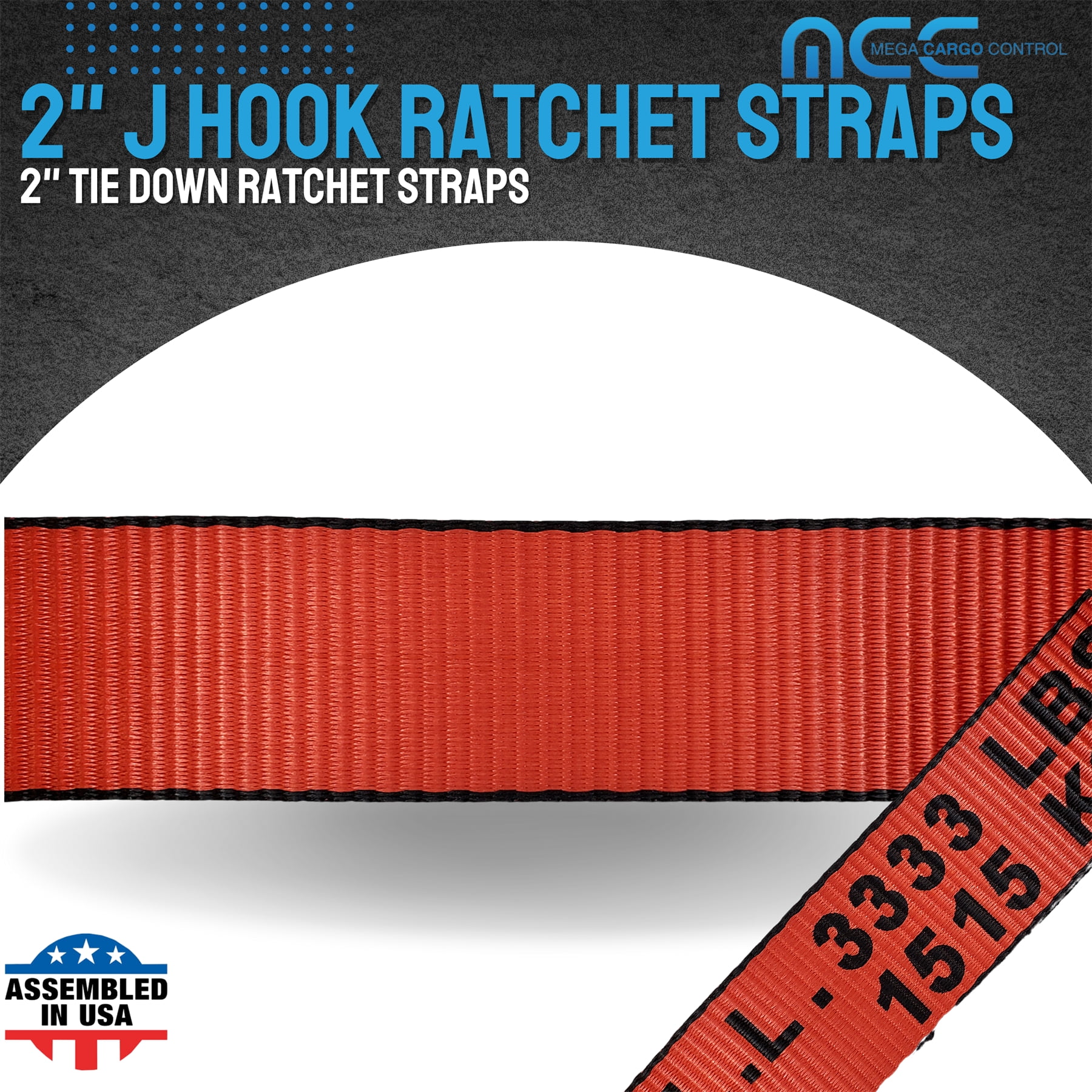 Mega Cargo Control USA Heavy Duty 2" x 60' Ratchet Strap J Hook Flatbed Truck Farm Tie Down 2 Pack