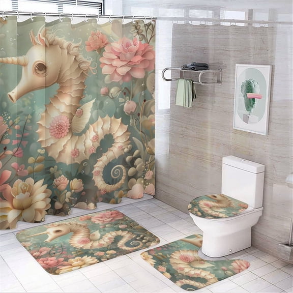4 Piece Bathroom Shower Curtain Sets Cute Cartoon Seahorse Bathroom Sets with Curtain Rug Toilet Cover And U Shaped Mat Ocean Coastal Beach Farmhouse Bathroom Shower Set 72inch X 72inch