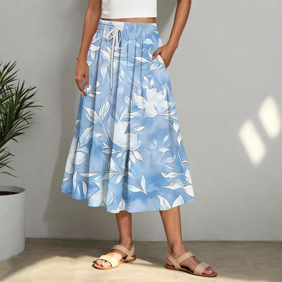 Dianli Maxi Skirt Skorts Women's Printed A Line Long Skirt Elastic Waist Drawstring Gradient Print Large Swing Breathable Cotton Linen Pull On Vacation Beachwear Boho Skirt
