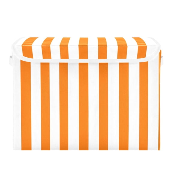 Orange-white Stripes Foldable Storage Bin with Lid and Handle Collapsible Storage Box 16.5 x 12.6 x 11.8 inches
