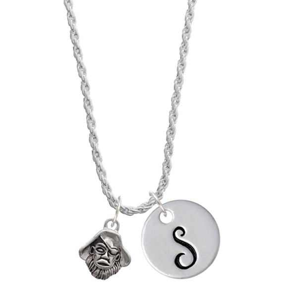 Delight Jewelry Silvertone Small Pirate - Mascot Silvertone Script Initial Disc - S - Charm Necklace, 20"+3"