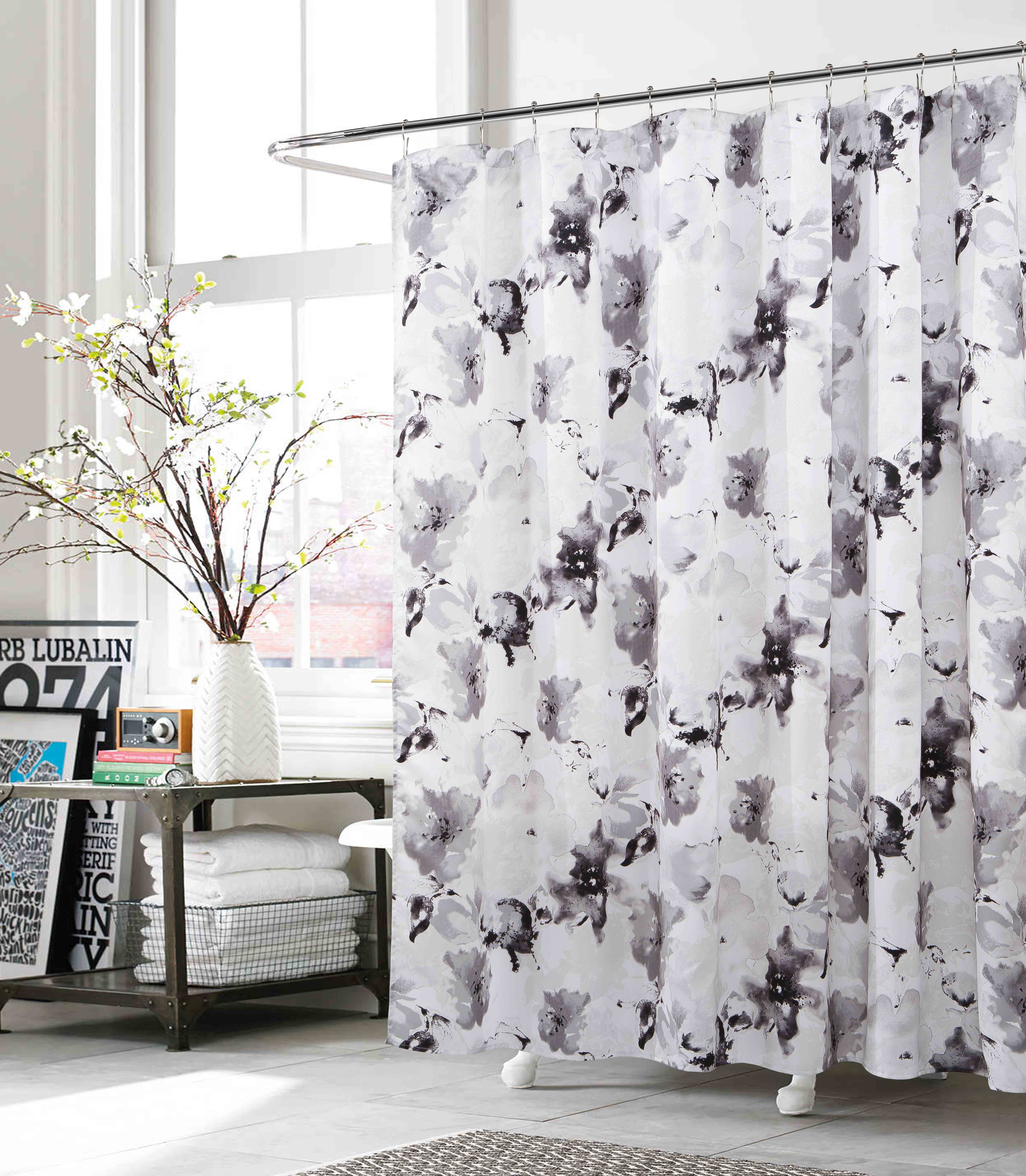Gray, White, Black Fabric Shower Curtain Floral Watercolor Modern Art