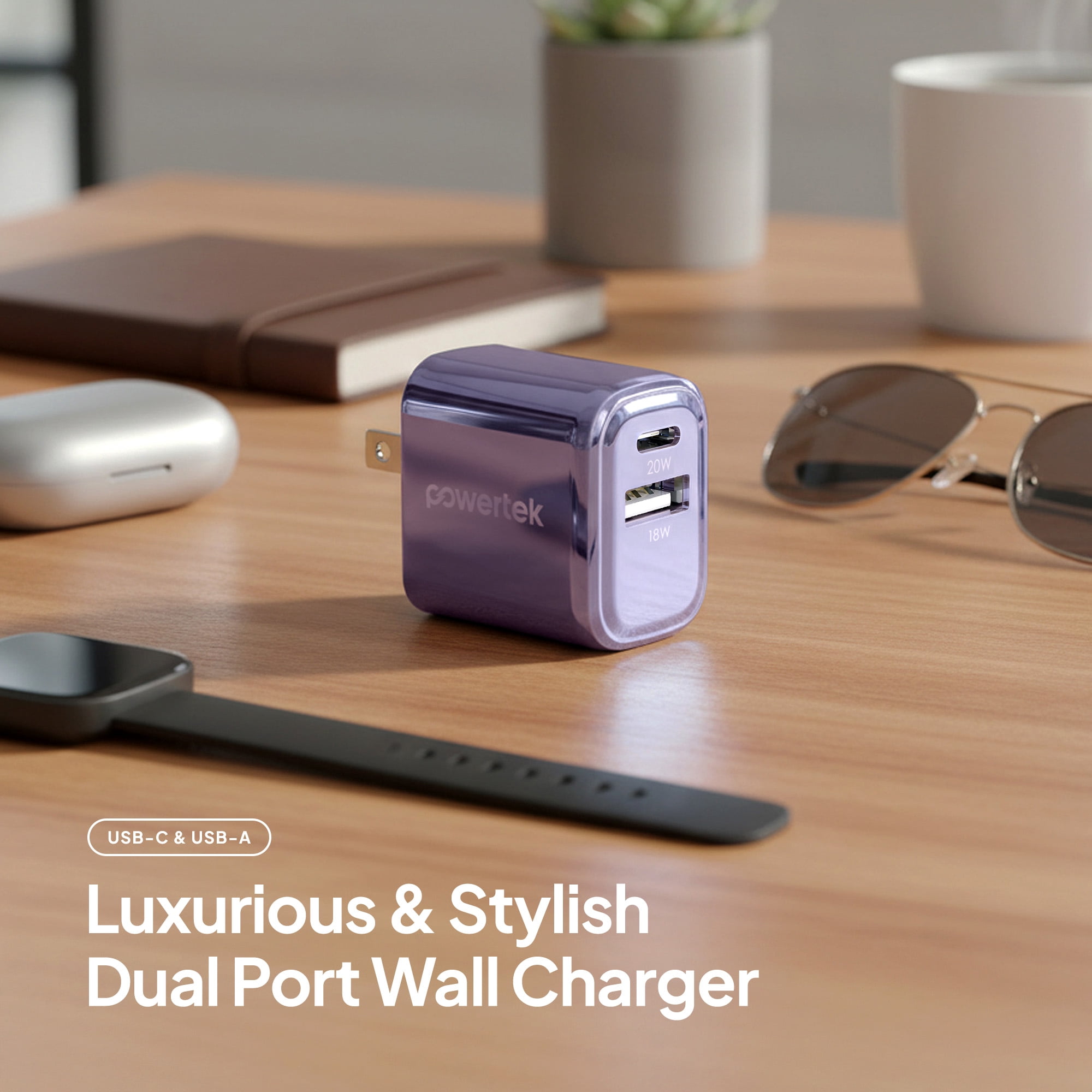 Powertek 20W USB-C PD + 18W USB-A Dual Port Wall Charger, Metallic Shine Pastel, Purple