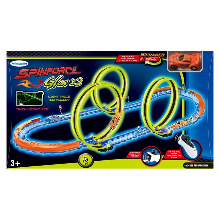 SpinForce Glow X3 50-Piece Toy Racecar Track Set - Glow-in-the