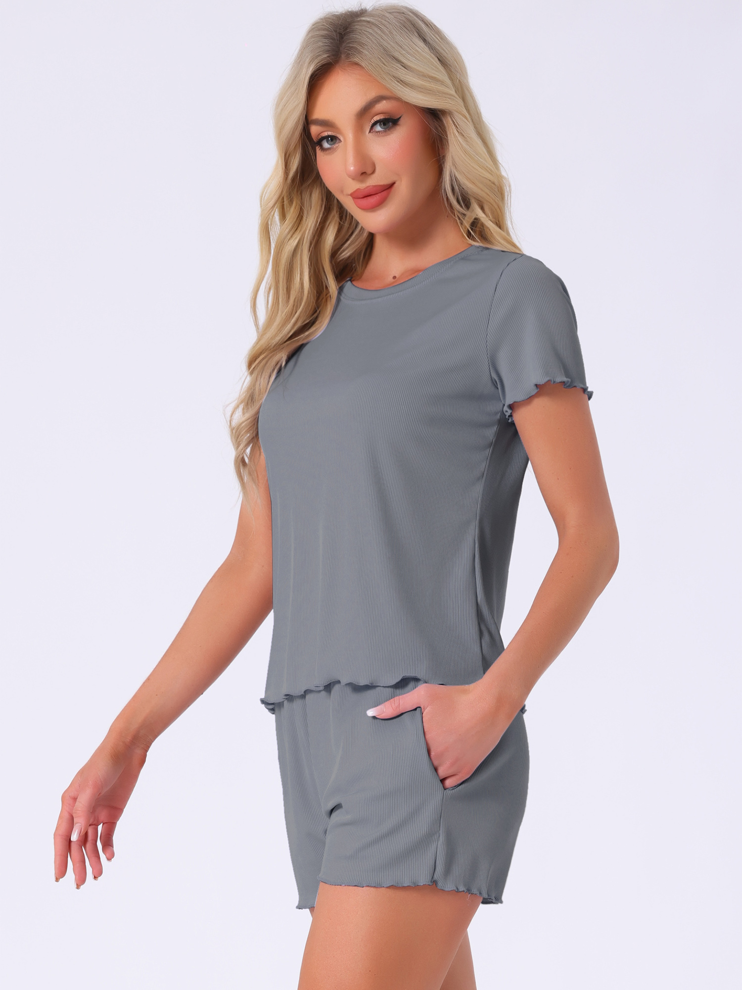 DARING DIVA Ribbed Knit Pajama Set Soft Short Sleeve Top XS Grey