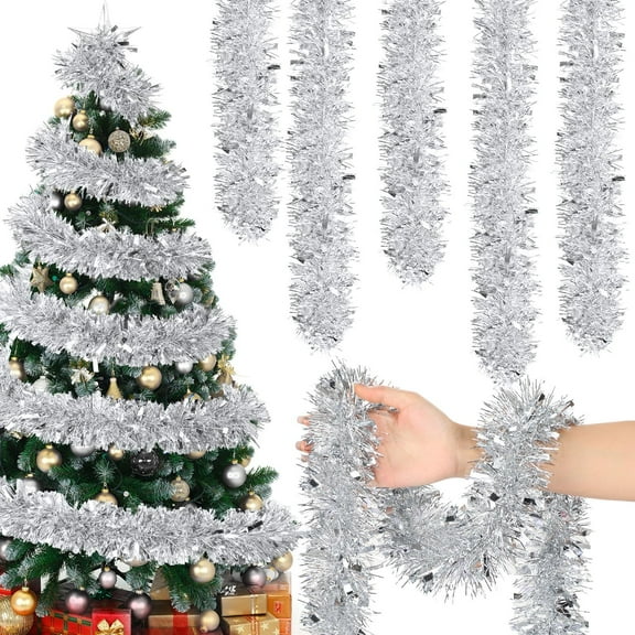 Trianu 6 Pack Christmas Tinsel Garland, Garland for Christmas Tree Decoration for Holiday New Years Eve Xmas Party Supplies Home Decor, Each 5.9ft by 2.75 inch, Silver