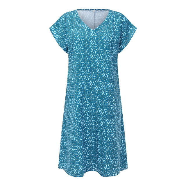B91xZ Robes de Printemps pour Femmes Manches Courtes Décontractées Robe d'Été Col Rond Taille Haute Maxi Fluide à Volants, Bleu TTTG