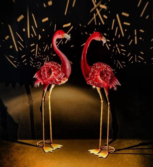 Evergreen Solar LED Flamingo Garden Statues, Handcrafted Metal Outdoor Yard Decor with Solar Lights, Pink Flamingo Pair (2 Pack)
