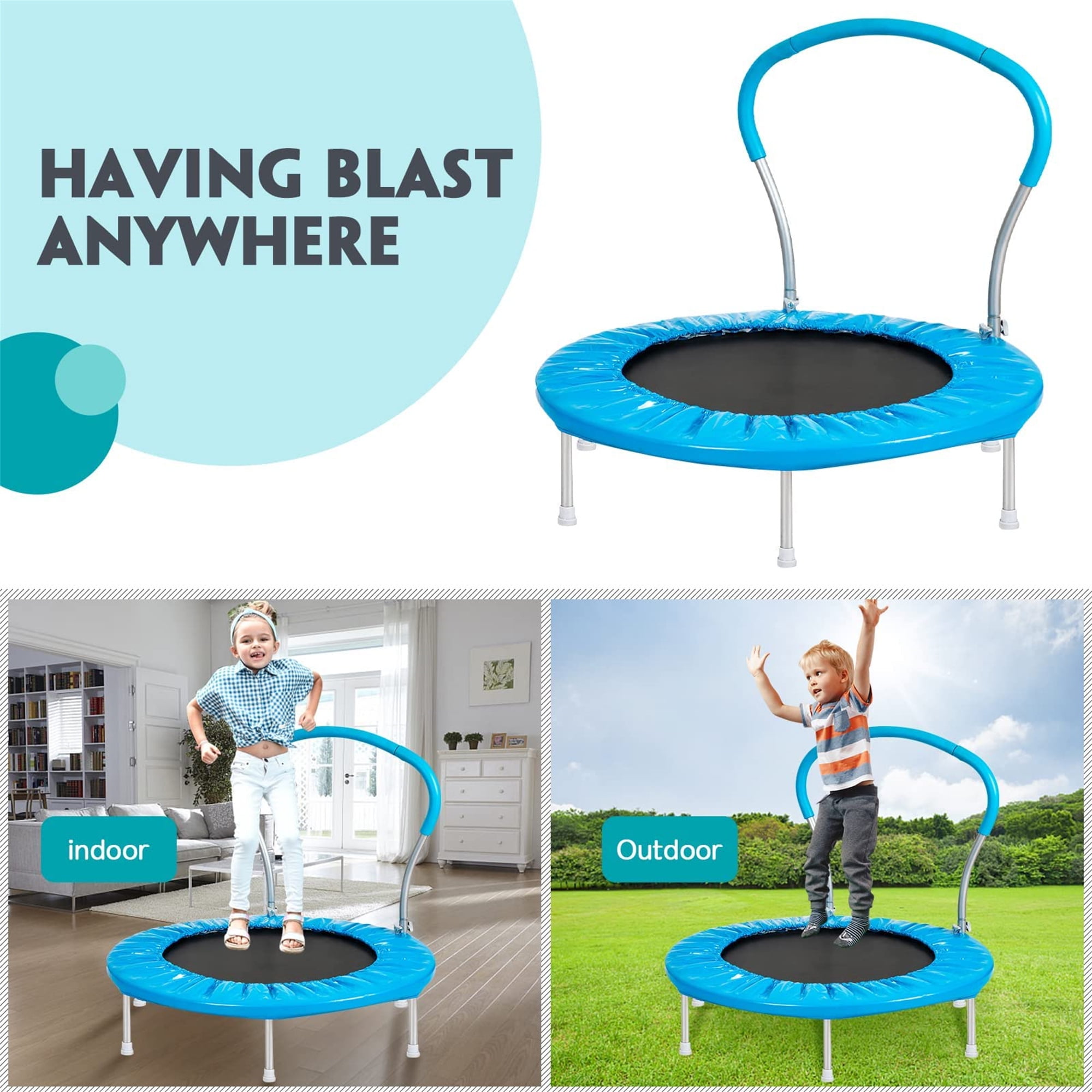 36" Kids Trampoline with Handlebar, 220LBS Weight Capacity, Recreational Toddler Trampolines with Metal Springs and Stable Six Legs, Easy Assembly, Round Trampoline for Kids Indoor Outdoor, Blue