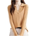 thumbnail image 1 of LOVZFMLL Sweaters for Women V-Neck Ribbed Pullover Solid Color Lapel Casual Basic Relaxed Fit Tops Warm Fall Winter Clothes, 1 of 2