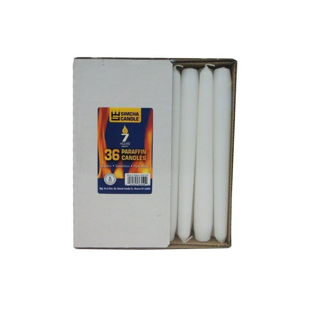 Simcha Pure White Taper Candles - 36 Pack (8 Inch Tall) Burns 7 Hours