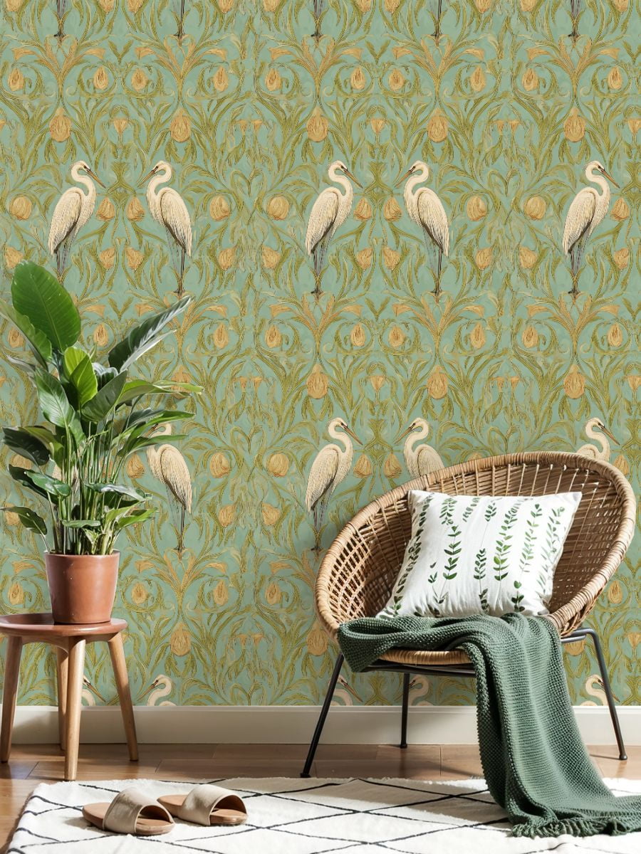 Cranes Peel and Stick Wallpaper 23.6in x 9.8ft Elegant Herons Golden Floral Teal Art Nouveau Style Contact Paper Vinyl Waterproof Self Adhesive Wall Paper for Bedroom Shelf Cabinet Renter Friendly