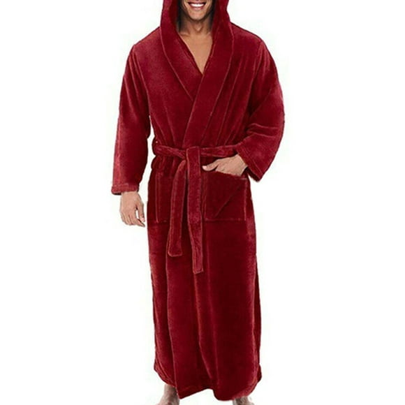 Innerwin Dressing Gown Solid Color Men Wrap Robe Home Hooded Thicken Plush Bath Robes Red XL
