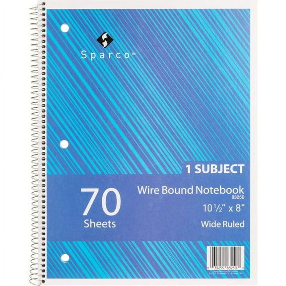 Sparco Quality Wirebound Wide Ruled Notebooks - 70 Sheets - Wire Bound - Wide Ruled - Unruled - 16 lb Basis Weight - 8" x 10 1/2" - Bright White Paper - Assorted Cover - Chipboard C | Bundle of 5 Each