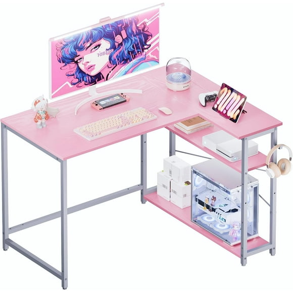 43 Inch L Shaped Computer Desk with Reversible Side Storage Shelves, Small Corner Desk for Small Space Home Office,Writing Study Table PC Desk for Bedroom,Pink with Gray Leg