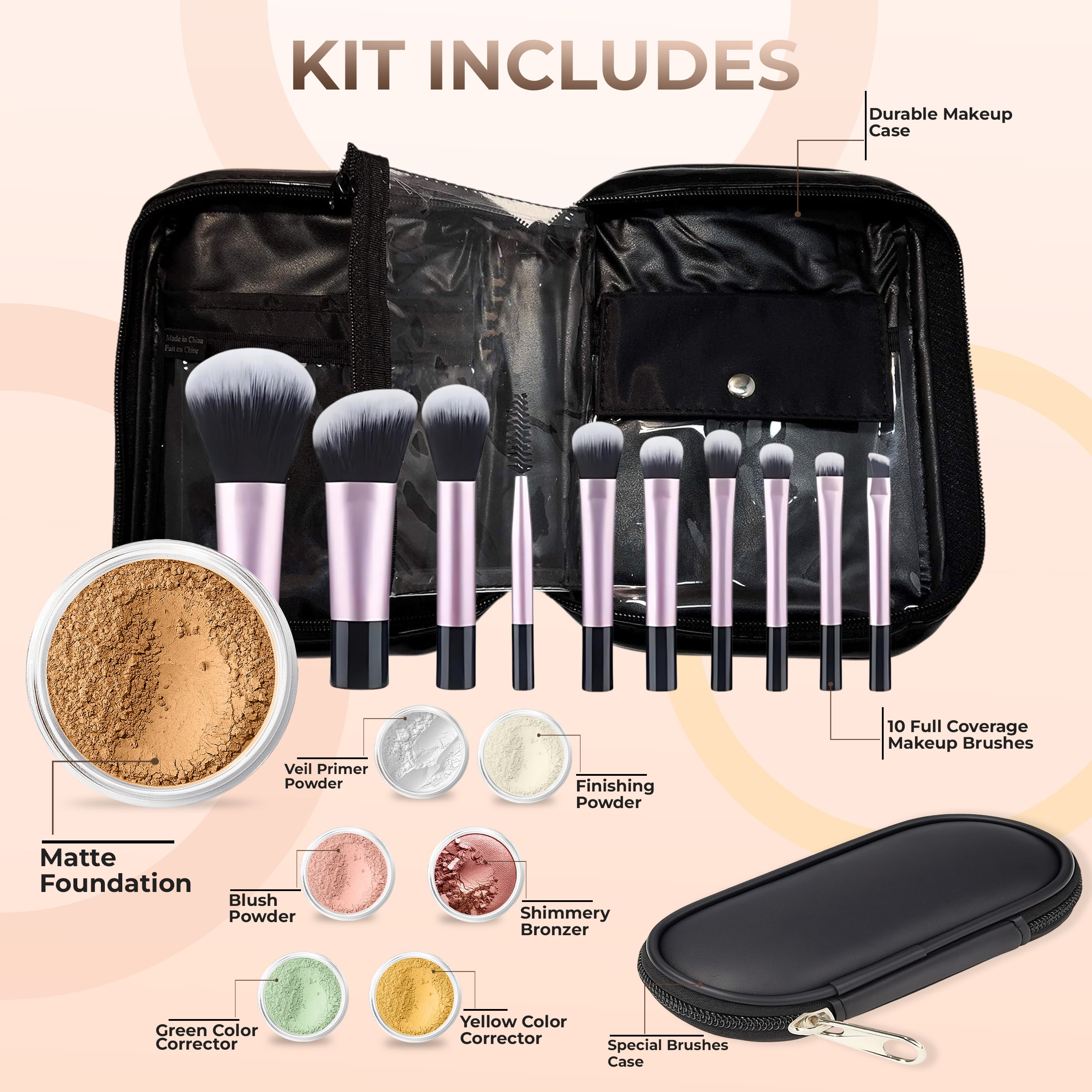 15 pc STARTER KIT w/BRUSHES & CASE (DEEP TAN) Mineral Makeup Foundation Blush Bronzer Illuminating Veil Set Bare Skin Matte Powder