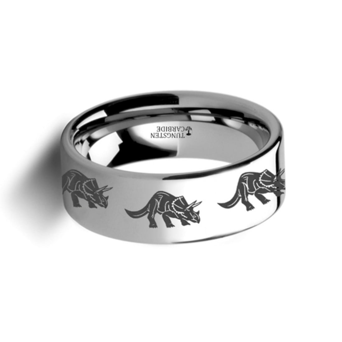 Thorsten Dinosaur Ring Triceratops Prehistoric Paleo Flat Polished Tungsten Ring 8mm Wide Wedding Band from Roy Rose Jewelry