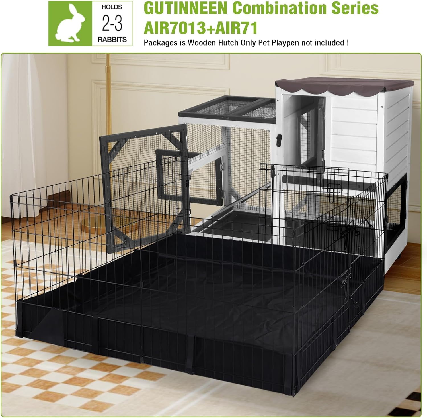 Aivituvin Rabbit Hutch Indoor Rabbit Cage with Wheels Outdoor Bunny House 2 Story Guinea Pig Cage with Leakproof Tarp Roof Black