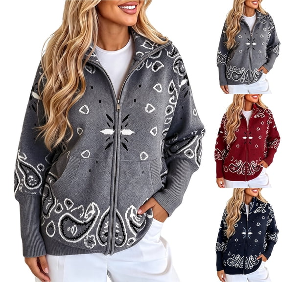GILIGEGE Women Zip Up Cardigan Sweater Stand Collar Knit Printed With Bandana Patterns,Long Sleeve,Zipper Cardigans With Side Pockets,Fall Clothes,Lightweight Knit,Trendy ChristmasThick Jacket Grey