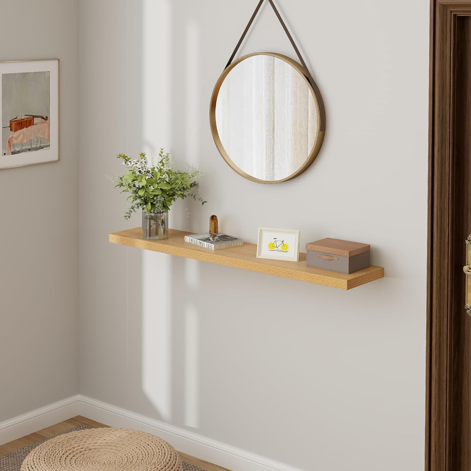 Floating Shelves 48 Inch Long, 9.3 Inch Deep Wall Shelf for Fireplace Mantel, Rustic Farmhouse Wooden Shelves for Wall Decor Bathroom, Kitchen, Office, Oak Color, Set of 1