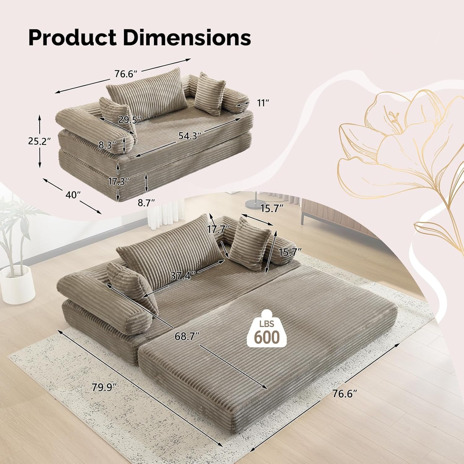 Ktaxon Convertible Sofa Bed, Pull-Out Sleeper Loveseat Couch with Oversized Back Pillow, Ideal for Living Room or Guest Use Gray
