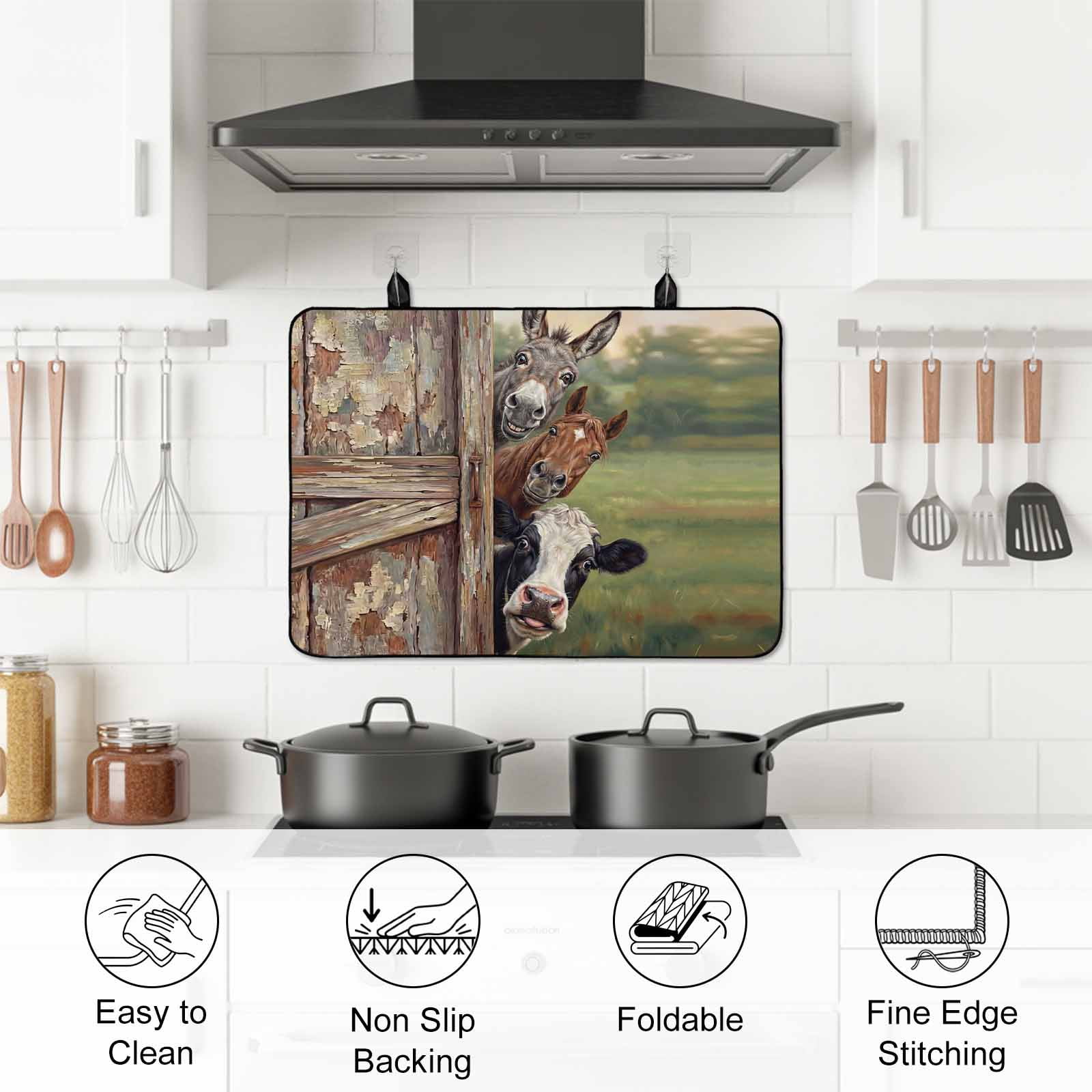 Farmhouse Animals Stove Top Cover for Electric Stove, Heat-proof & Non Slip Glass Top Stove Cover Protector, Country Cows Horses Donkeys Farm Kitchen Flat Cooktop Rubber Mat 24x21 Inches