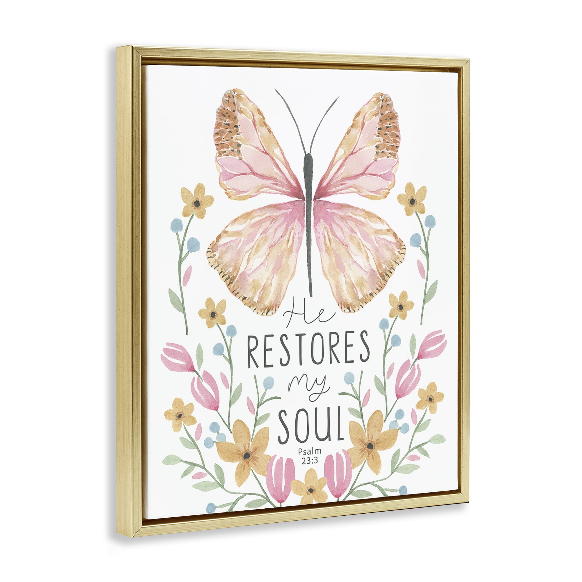Stupell Industries Floral Restores My Soul Religious Painting Gold Floater Framed Art Print Wall Art, 25 x 31