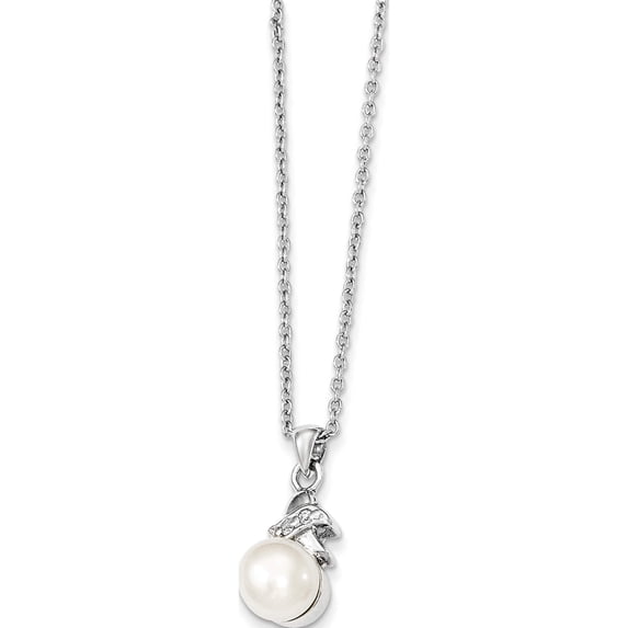 Sterling Silver Rhodium-Plated 6-7mm White Fw Cultured Pearl Cz Pendant (17 X 8) Made In China qg4125-17