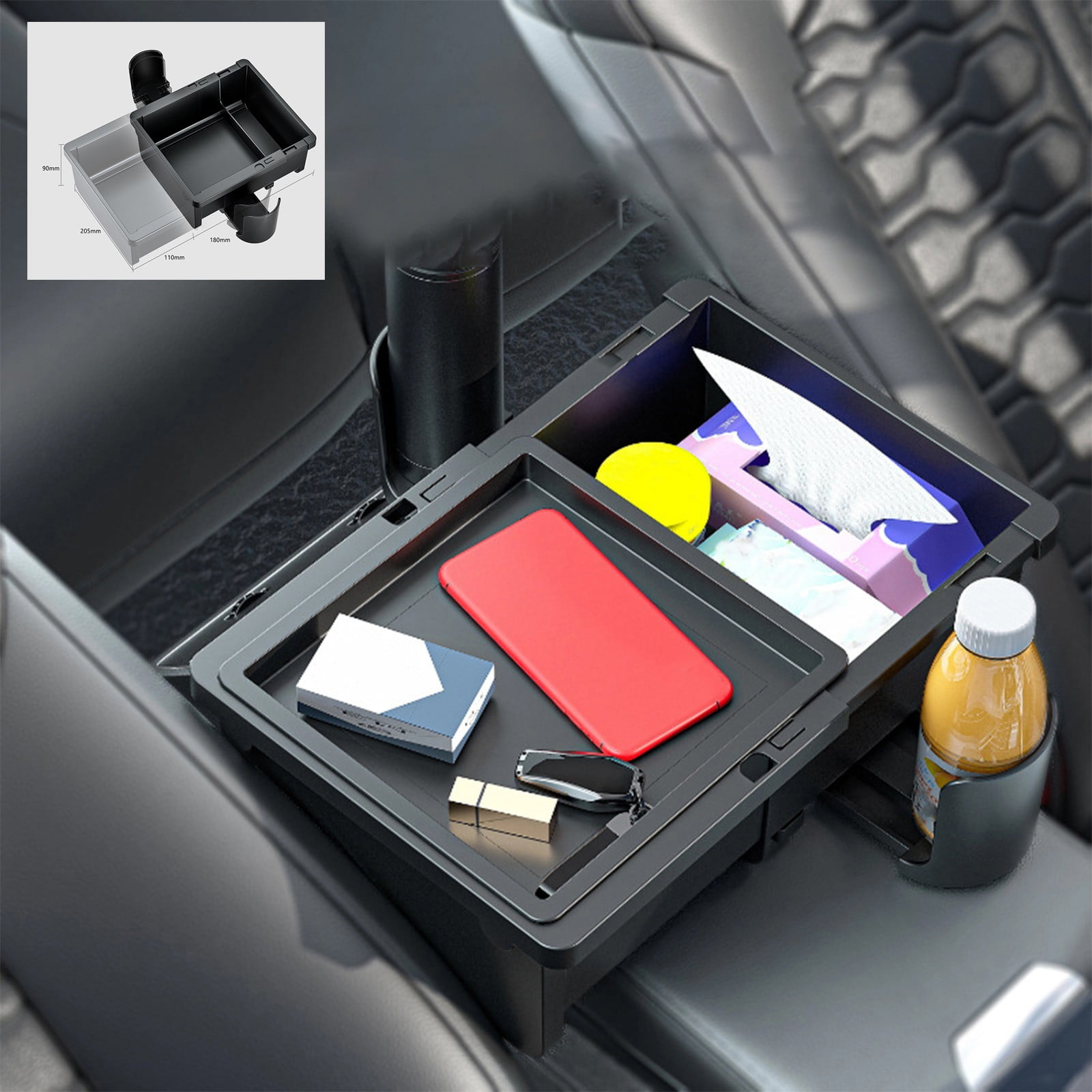 Kezqiaxn Car Universal Center Console Organizer Storage with Adjustables Cup Holder - Floor Hump Drink Tissue Caddy Snack Organizer for Truck/Minivans/SUVs/Armrest Storage Box, car Accessories Black