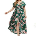 thumbnail image 2 of Xysaqa Women's Plus Size Maxi Dress Boho Floral Print Short Sleeve High Waist A-Line Midi Dress Front Split Wedding Guest Casual Summer Party Long Dress XL-5XL, 2 of 6