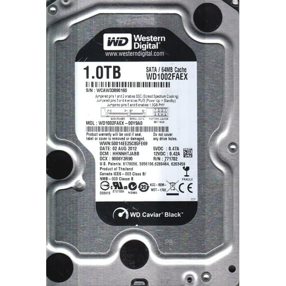 WD1002FAEX-00Y9A0, DCM HHNNHTJABB, Western Digital 1TB SATA 3.5 Hard Drive