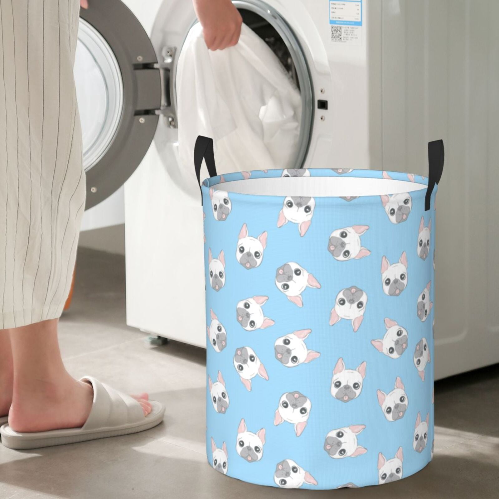 Large Laundry Basket with Handles - Blue Cute French Bulldog Kids Baby Dirty Clothes Laundry Hamper for Bedroom Aesthetic