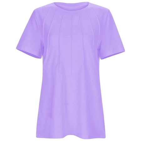 MIXUE Womens Tops Summer Ribbed Solid Color Round Neck Short Sleeve Casual Tshirts Outwear Purple M
