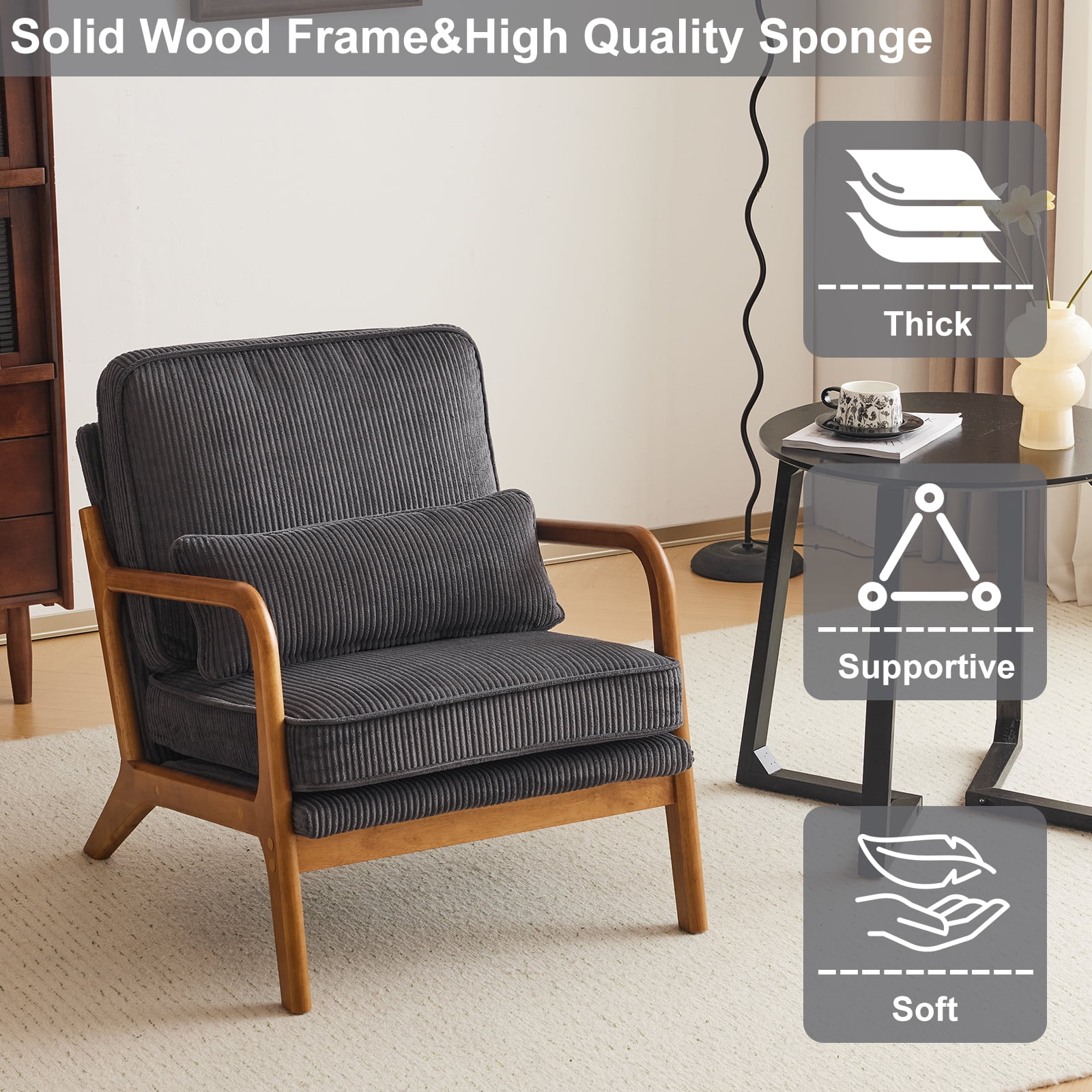 Ktaxon Accent Chair Corduroy Upholstered Armchair, Reading Club Chair with Pillow and Solid Wood Frame for Living Room Bedroom Furniture Dark Gray