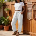 thumbnail image 3 of Barrel Linen Pants Women Boho Palazzo Cotton Drawstring Capris Plus Size Summer Beach Vacation Casual Baggy Trousers L, 3 of 4