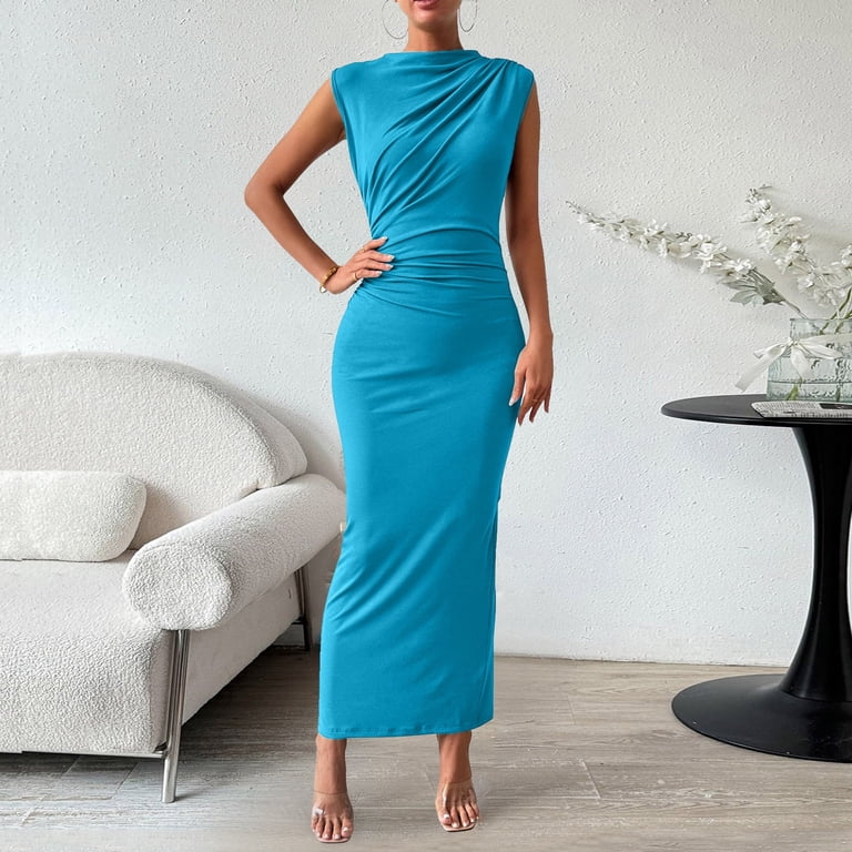 blue bodycon dress casual Siilsaa Women's Ruched Bodycon Dress Summer Casual Sleeveless Back Slit  Elegant Club Evening Party Maxi Dresses Blue,M