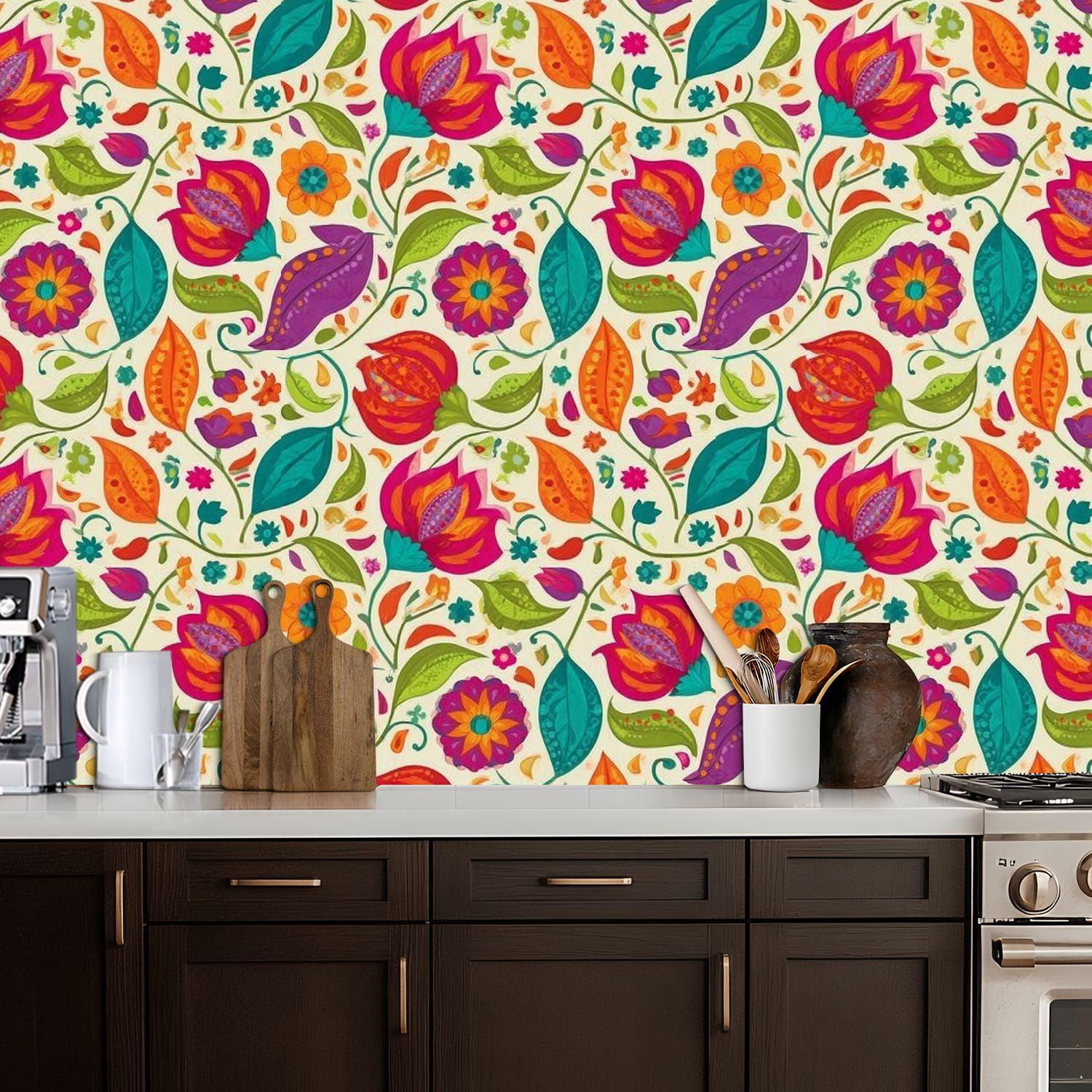 Paisley Peel and Stick Wallpaper 17.7in x 9.8ft Colorful Floral Vibrant Flowers Leaves Cream Contact Paper Vinyl Waterproof Self Adhesive Wall Paper for Bedroom Shelf Cabinet Renter Friendly