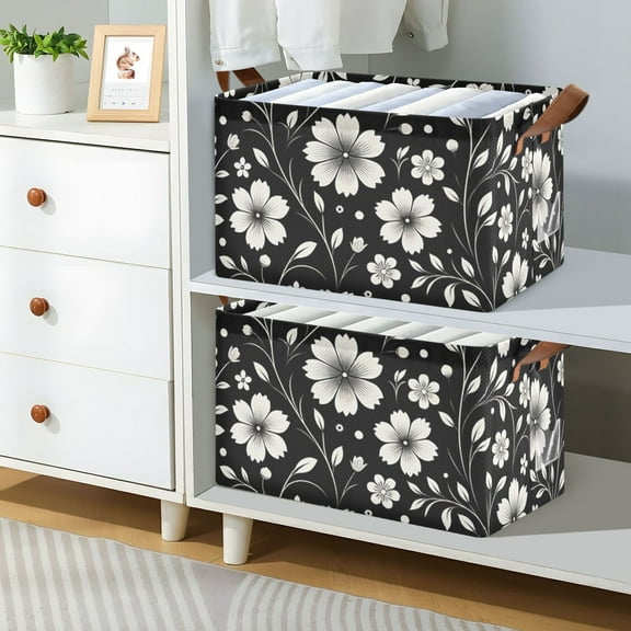 Retro White and Black Flowers Foldable Storage Large Fabric Storage Baskets Organizer Storage Bins with Handles for Shelves
