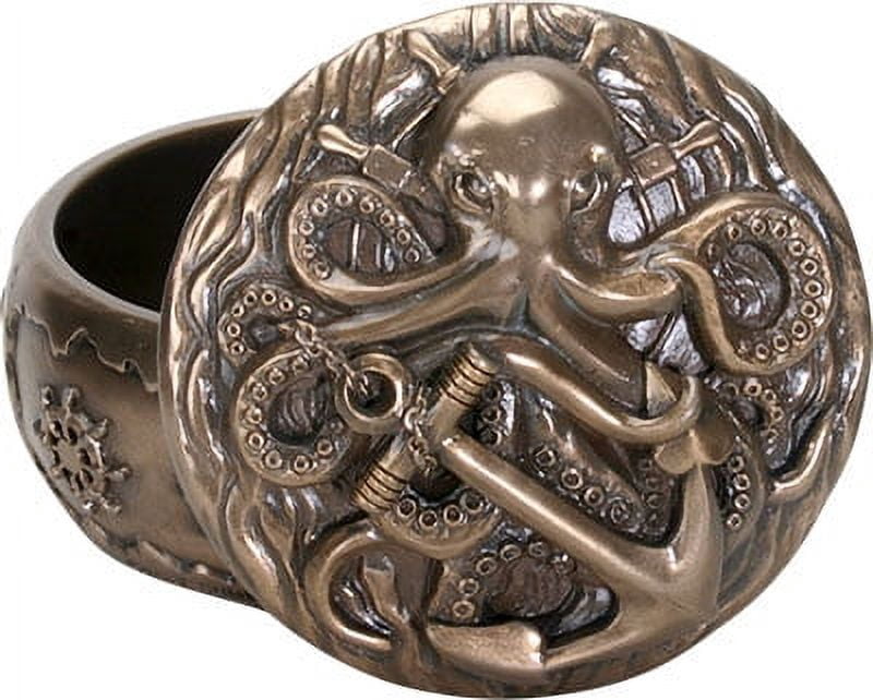 Ebros Gift Kraken Octopus Decorative Round Jewelry Box 4" Diameter Figurine Nautical Anchor Giant Sea Monster Bronze Finish Resin