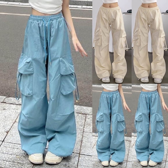 Brqkzdu Parachute Cargo Pants for Women Elastic Waist Drawstring Hiking Pant Lightweight Quick Dry Travel Casual Pant with Multi Pocket