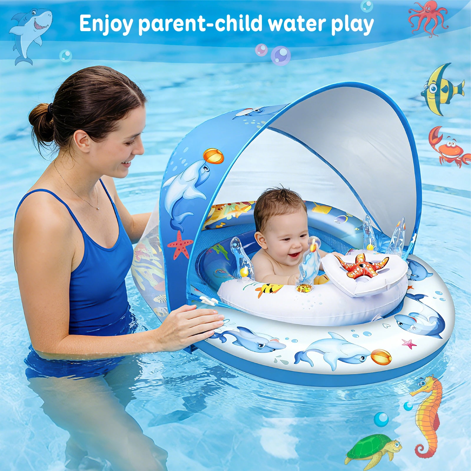 Baby Pool Float with Canopy UPF50+ Sun Canopy, Inflatable Kids Pool Floats, Anti-Flip Double Air Chambers, Infant Swimming Float with Adjustable Safety Seat for 6-36 Months Boys Girls.
