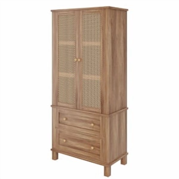 OUYAWEI 64inch Kitchen Pantry Storage Cabinet,Tall Cupboard Cabinet with Rattan Doors and 2 Drawers Adjustable Shelves Utility for Bathroom and Hallway,Light walnut