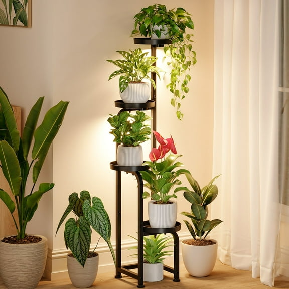 Gentingbro Plant Stand with Grow Light, Corner Metal Flower Pot Stands for Multiple Plants, 4 Tier Heavy Duty Plant Shelf for Patio Garden Balcony Living Room Bedroom