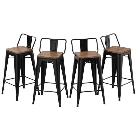 Andeworld 24" Metal Bar Stools Set of 4 Counter Height Stools with Wood Top Low Back Gunmetal