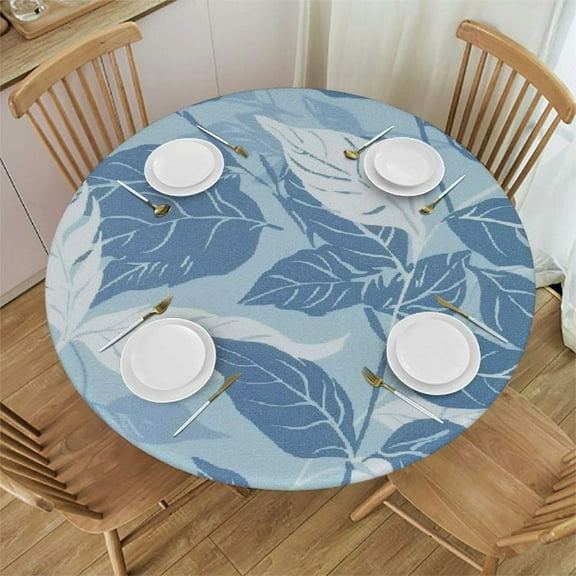 BANET Round Fitted Tablecloth with Elastic Edge, Waterproof Oil Proof Round Table Cover, Vinyl Flannel Backed Table Cloth Fits Round Tables for Dinner, Outdoor, Picnic, Blue Leaves 31"-35
