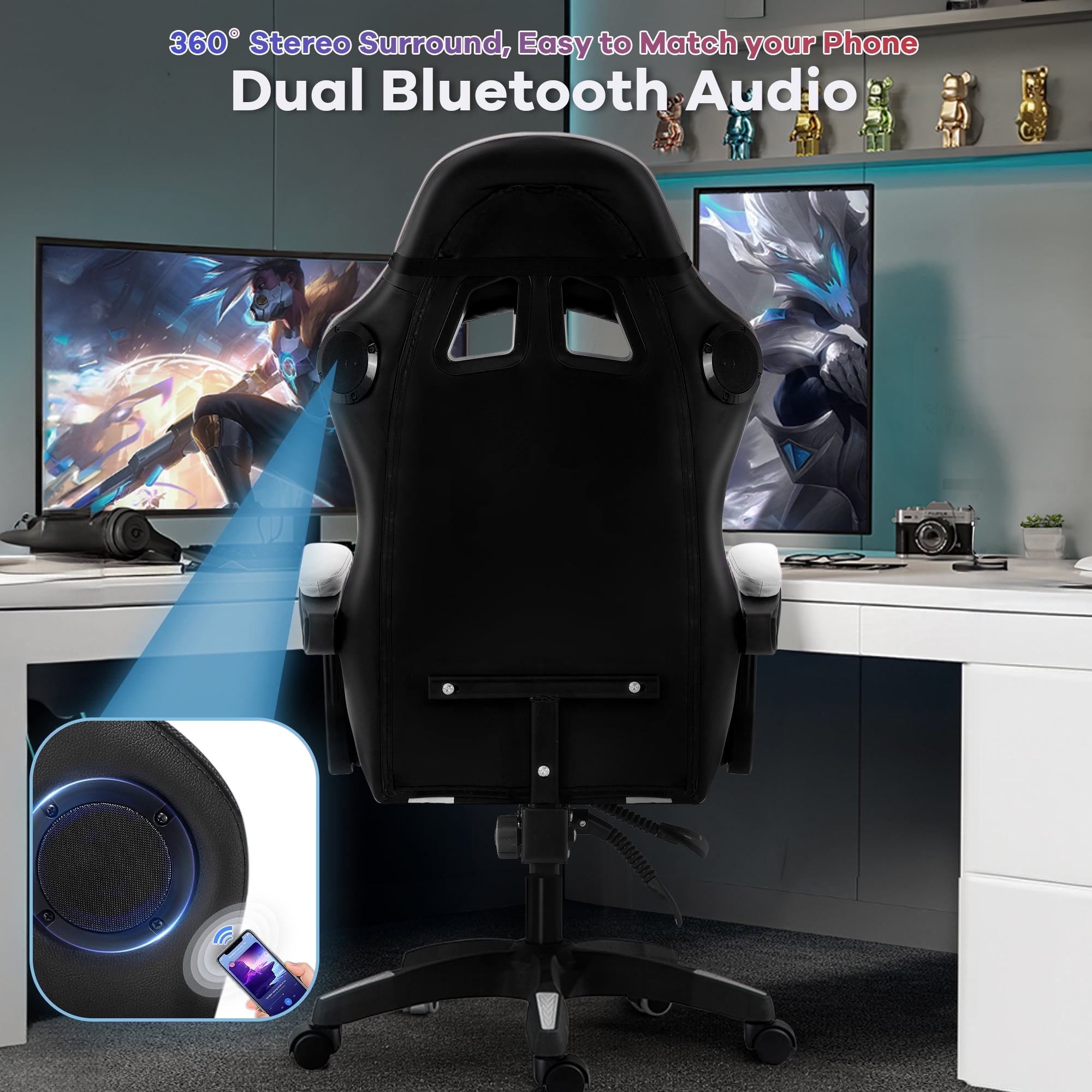 Gaming Chair,Brochao Ergonomic Office Gaming Chair Computer Racing Chair with Footrest Lumbar Support Headrest and Bluetooth Speakers for adults, White