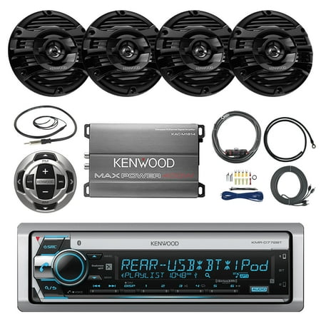 21' - 29' Pontoon Boat Marine System: Kenwood KMR-D772BT Bluetooth Receiver, 4 x 6.5" Speakers, 4 Channel Amplifer, Kenwood Wired Remote, T-spec v8 SERIES Amp Installation Kit, Enrock Radio Antenna